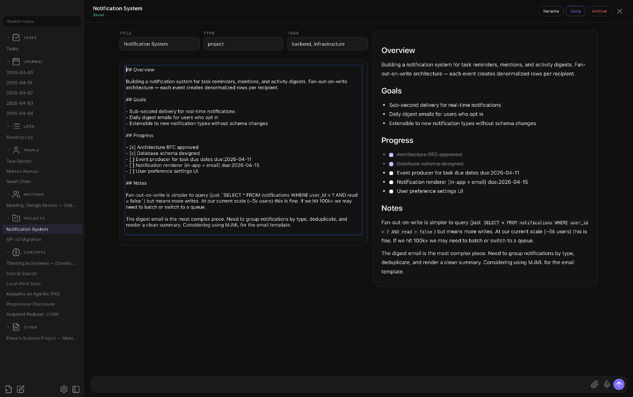 Editing a markdown note in the built-in editor