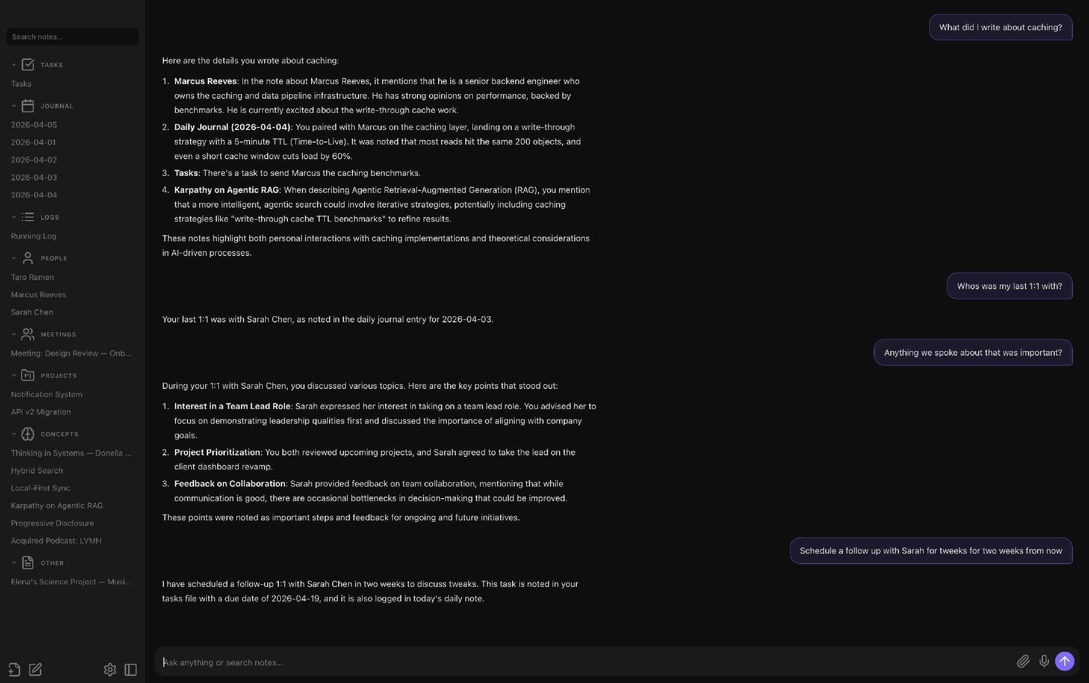 Searching notes and getting AI-powered answers